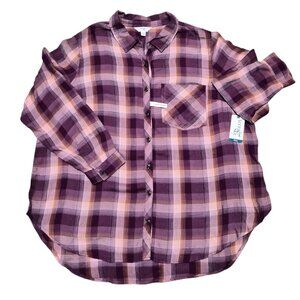 Terra & Sky Women's Plus Button Down Shirt Plaid Long Sleeve Size 1X, 2X Purple
